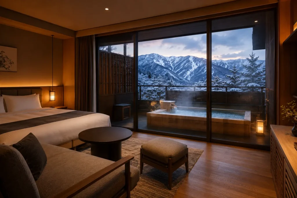 luxury japanese onsen hotel in hokkaido during winter