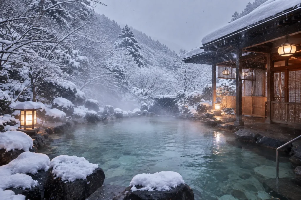 modern japanese hotel room with private onsen and mountain view