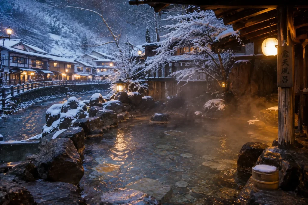 outdoor hot spring in japanese mountain village