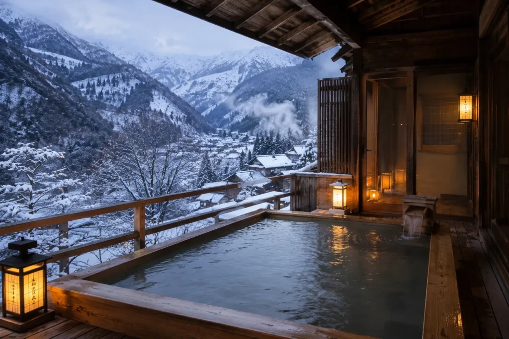 private open air onsen with snowy mountain view