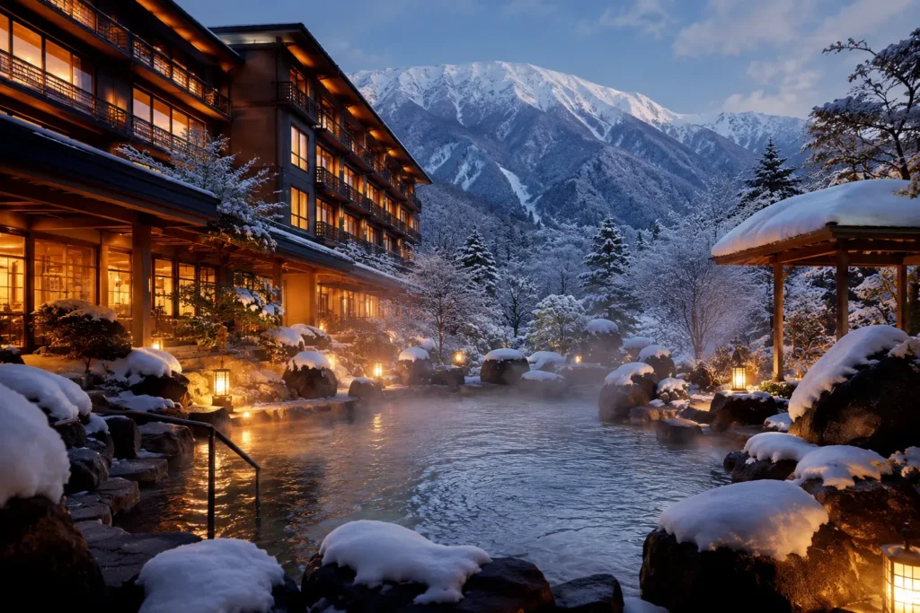 traditional outdoor onsen in japan during snowfall